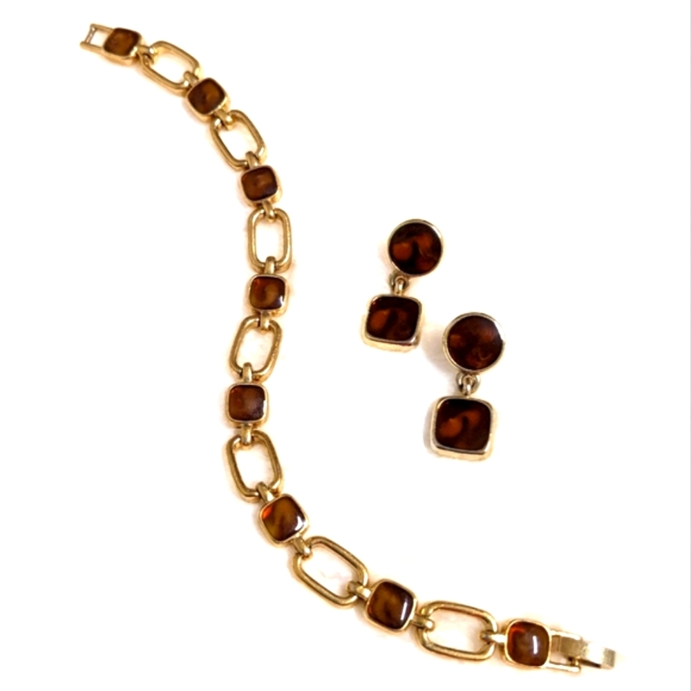 Vintage Faux Tortoise & Goldtone Bracelet w/ Matching Pierced Earrings